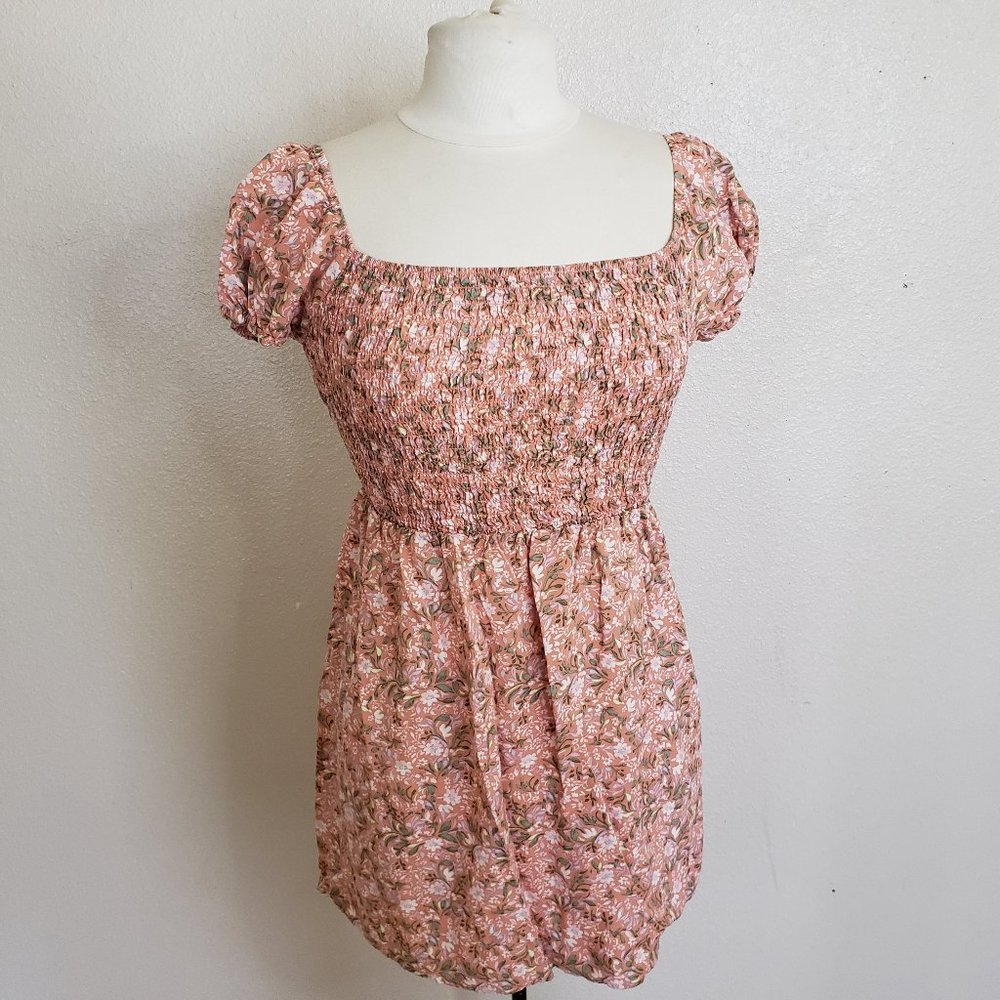 Smocked Bodice dusty Pink Floral Mini Dress
